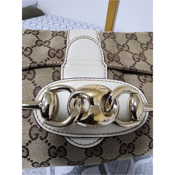 Authentic Gucci Horsebit Chain Flap Shoulder Bag Brown/Beige/Cream - Picture 12 of 15